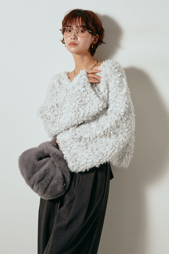 [SET]深Vネックチョウチョヤーンニットトップス+細フェイクレザーベルト付きワイドタックパンツ(2set)