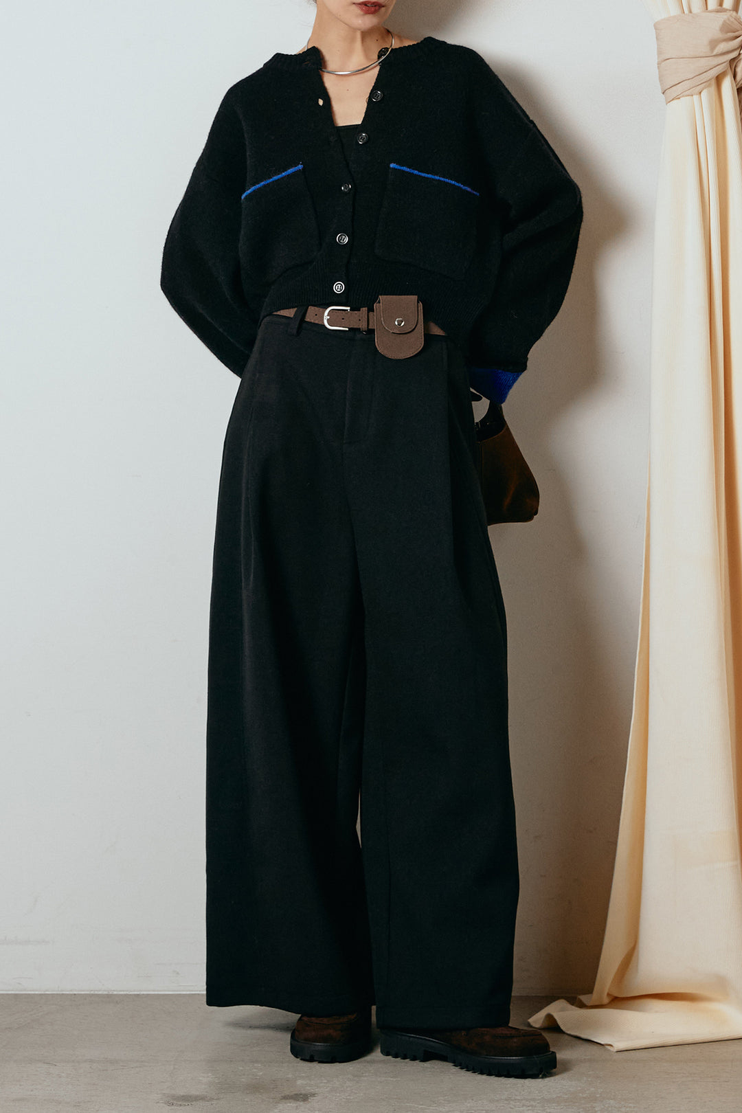 [SET]アルパカタッチダブルフェイスカーディガン+ポーチベルト付きカーブパンツ(2set)