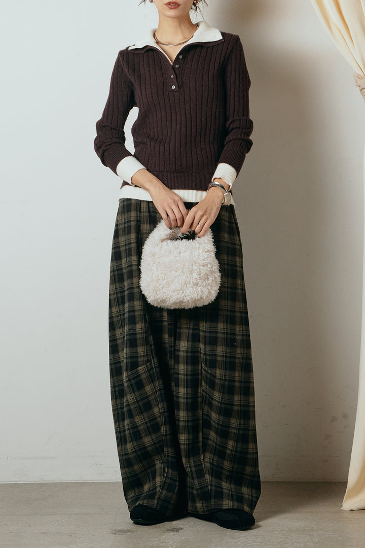 [SET]レイヤード風リブニットトップス+ベルト付きタータンチェックカーブワイドパンツ(2set)