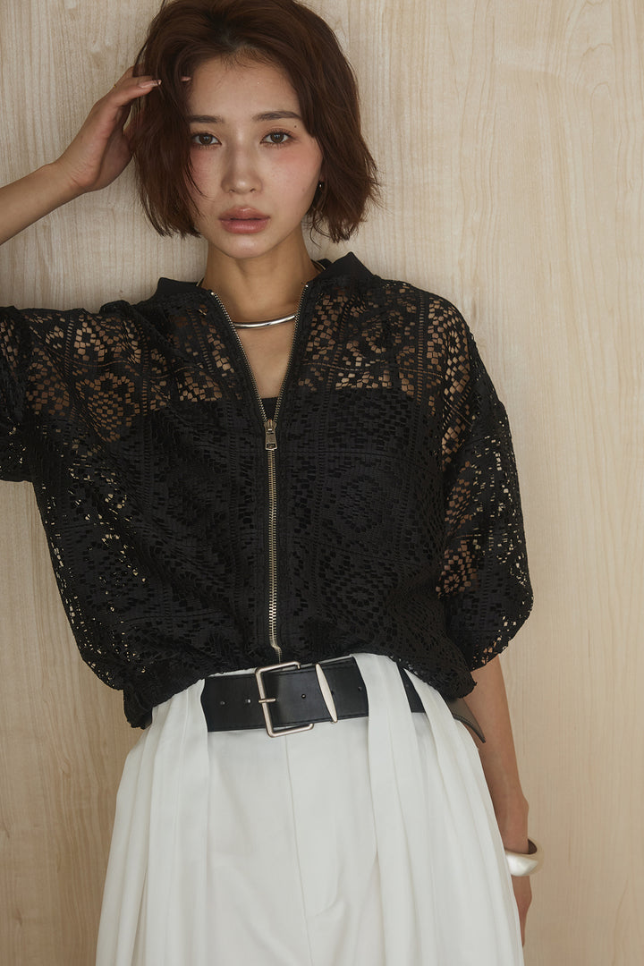 [SET]幾何レースブルゾン+ベルト付きビックループワイドパンツ(2set)