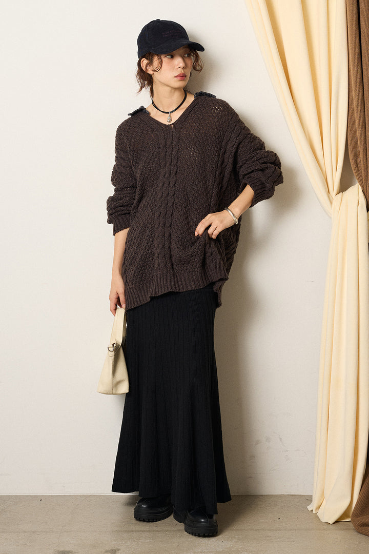 [SET]デニムカラーケーブルオーバーニット+編み地切り替えフレアニットスカート(2set)