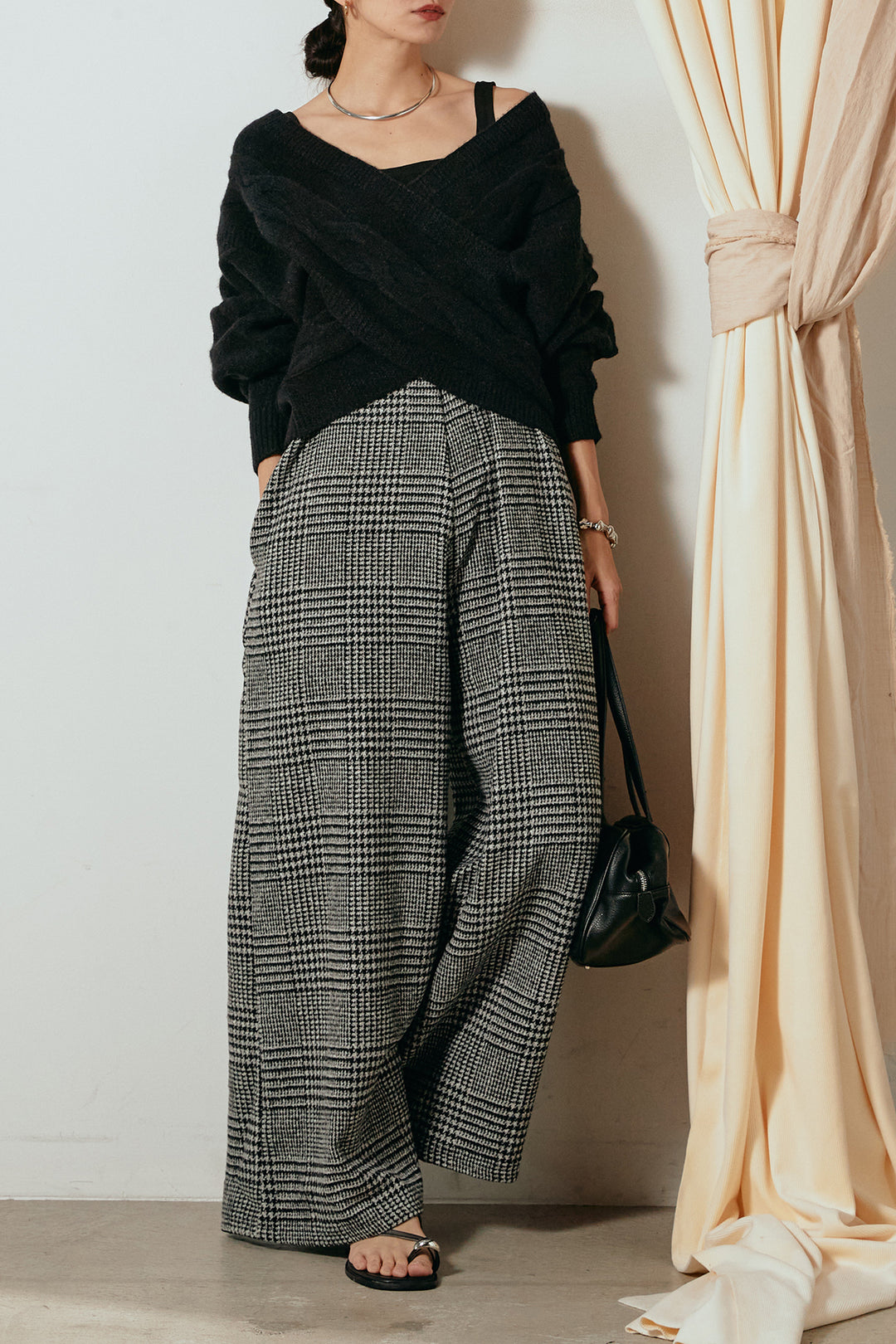 [SET]ケーブルカシュクールニットトップス+前後2wayグレンチェック柄スカーチョサロペット(2set)