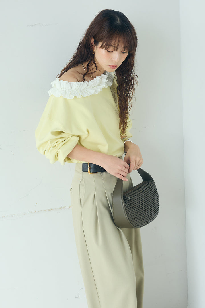 [SET]ネックギャザーフリルスウェット+サイドベルトタック入りスラックス(2set)