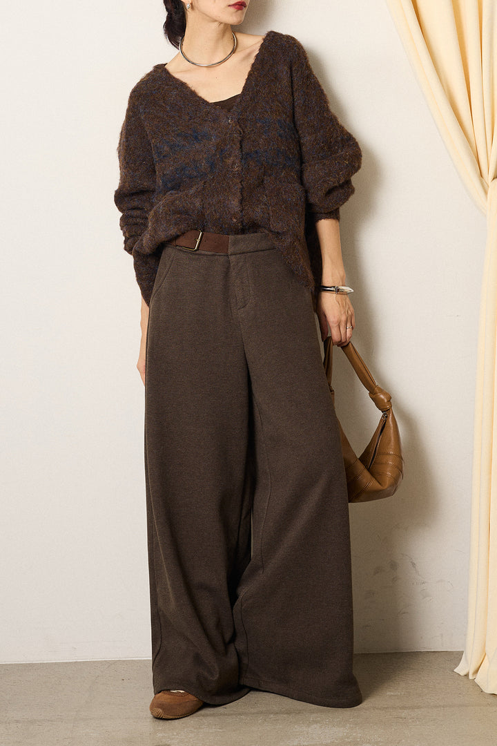 [SET]ウール混透かしロゴニットカーディガン+サイドベルトパンツ(2set)