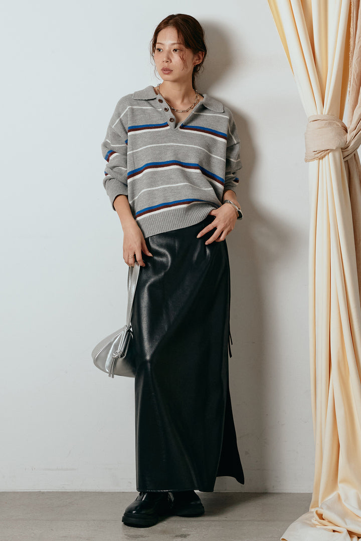 [SET]襟付きマルチボーダーニットポロトップス+紐付きフェイクレザーワイドスカート(2set)