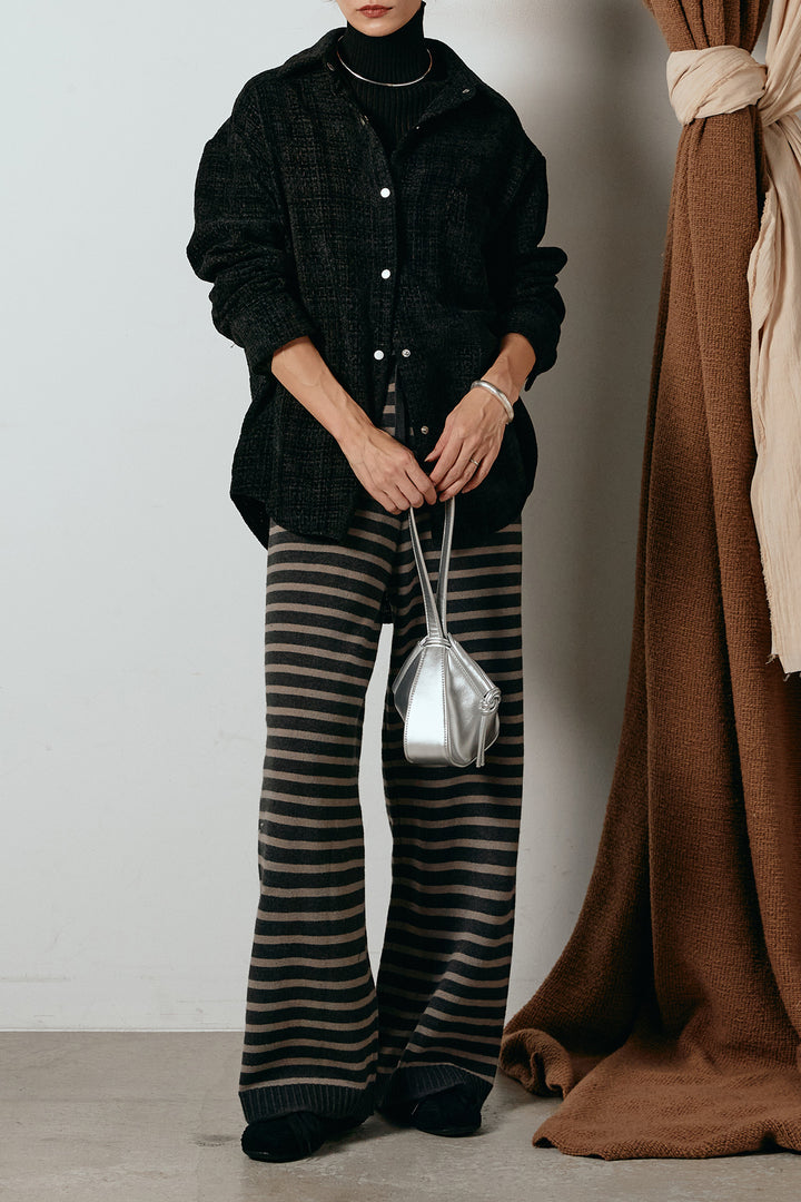 [SET]ルーズクラッシュツイルシャツ+ボーダーリラックスニットパンツ(2set)