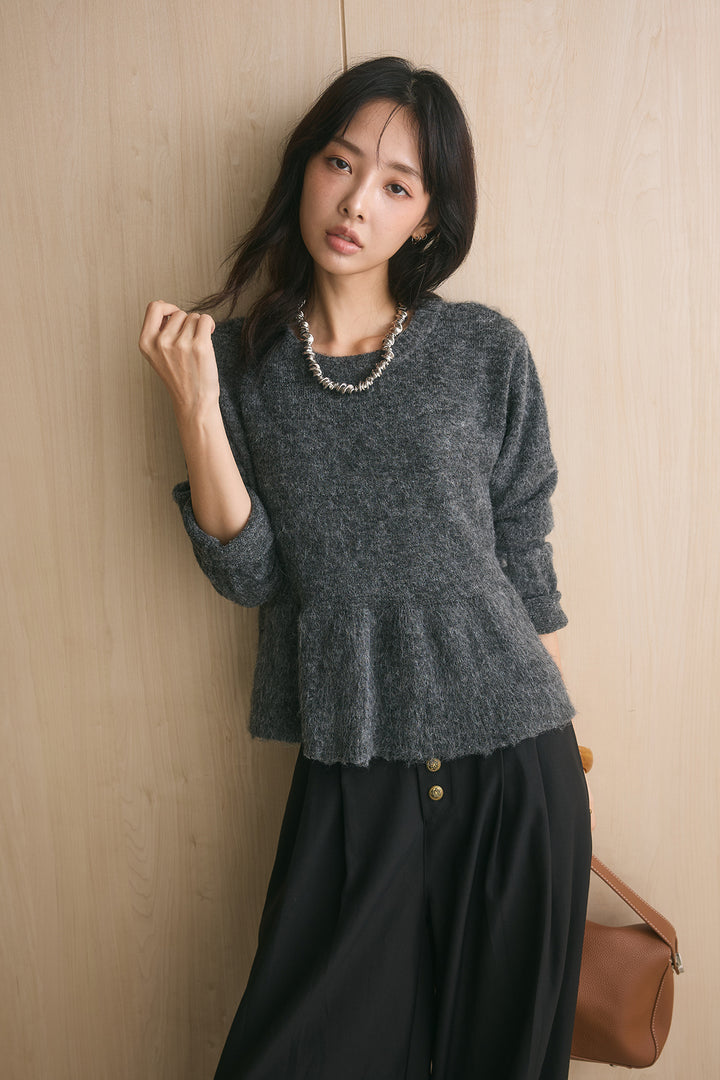 [SET]モヘアぺプラムクルーネックプルオーバー+ファイブボタンツータックワイドパンツ(2set)