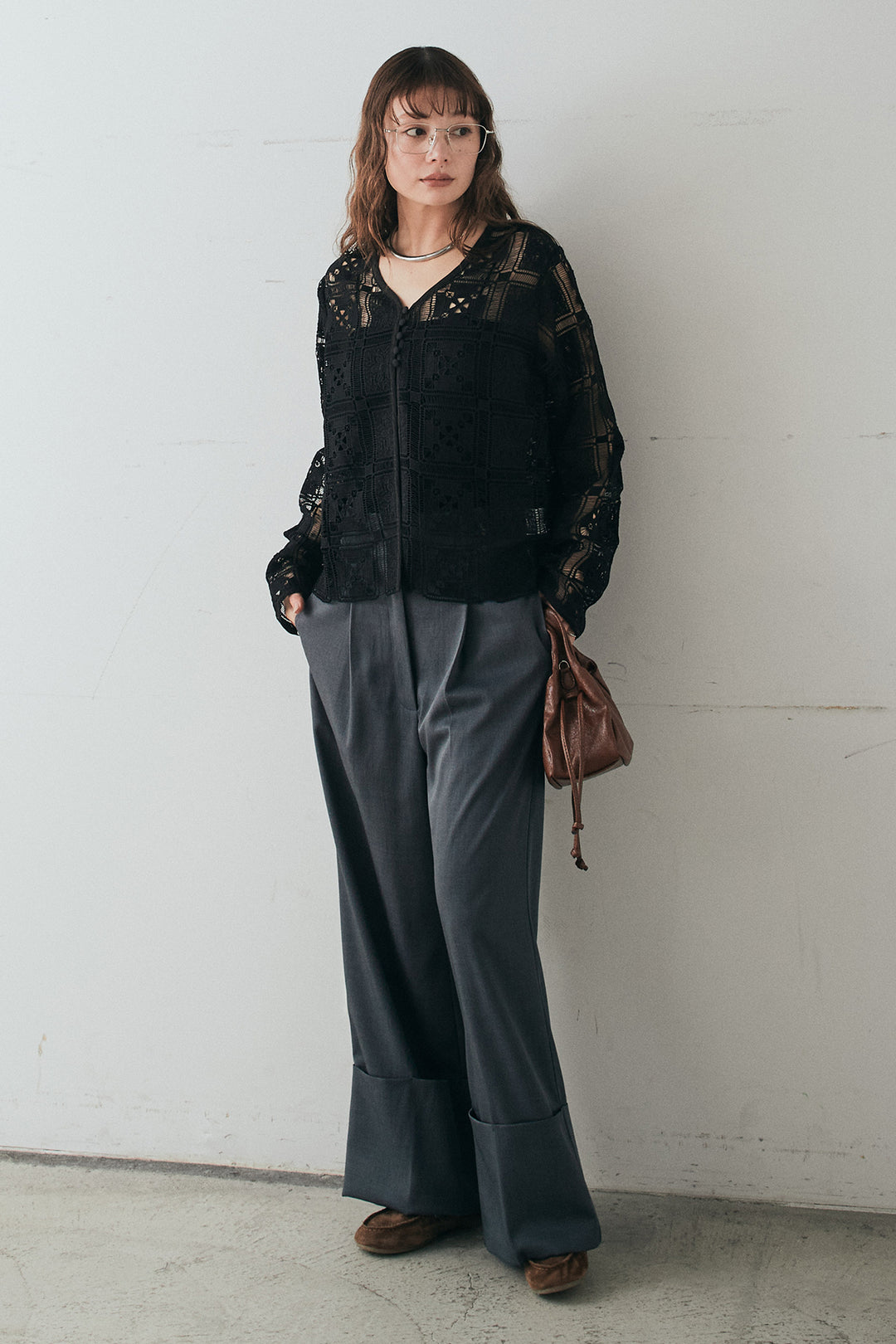 [SET]クロシェレースカーディガン+センタープレスセミワイドパンツ(2set)