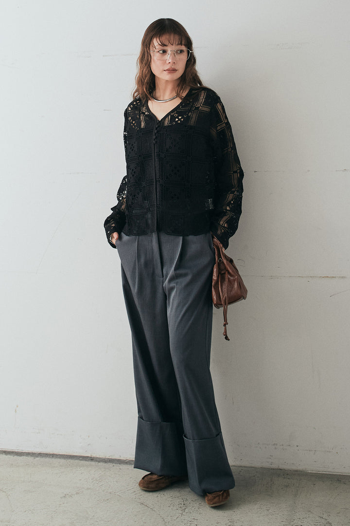 [SET]クロシェレースカーディガン+センタープレスセミワイドパンツ(2set)