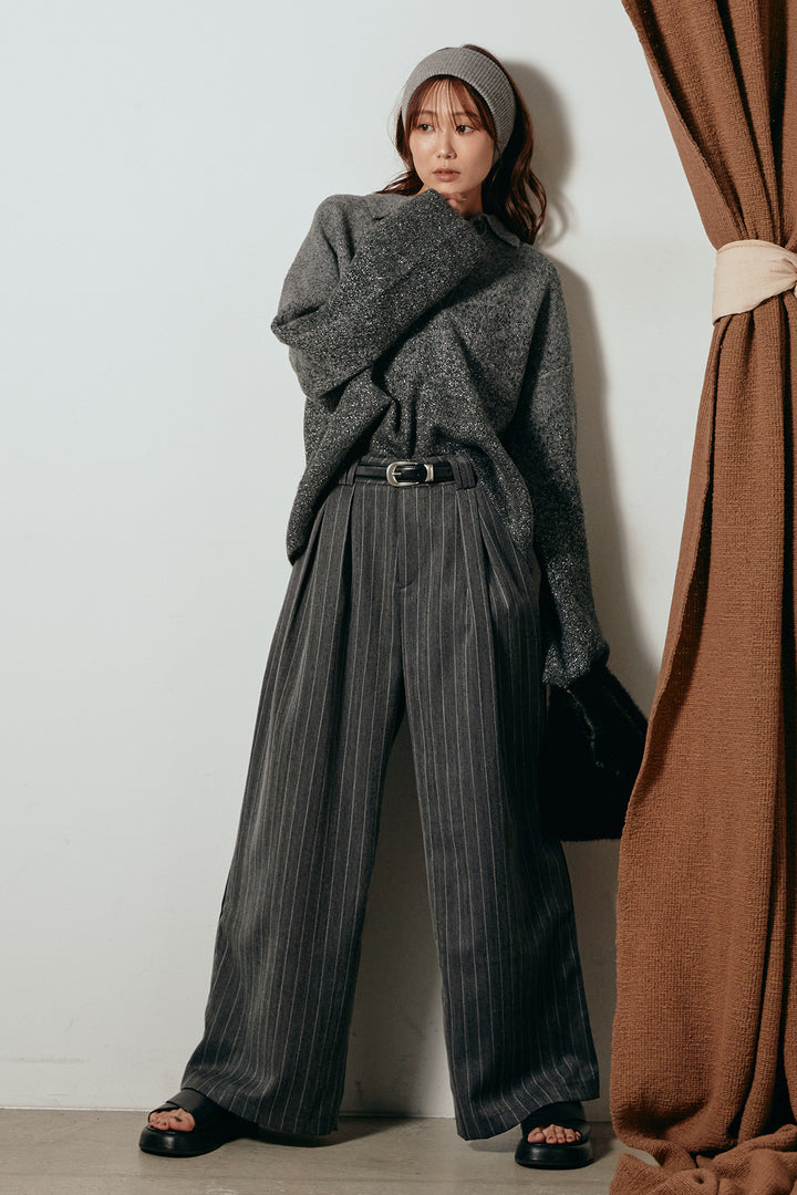 [SET]グラデーションラメニットキーネックプルオーバー+ストライプヘリンボーンパンツ(2set)