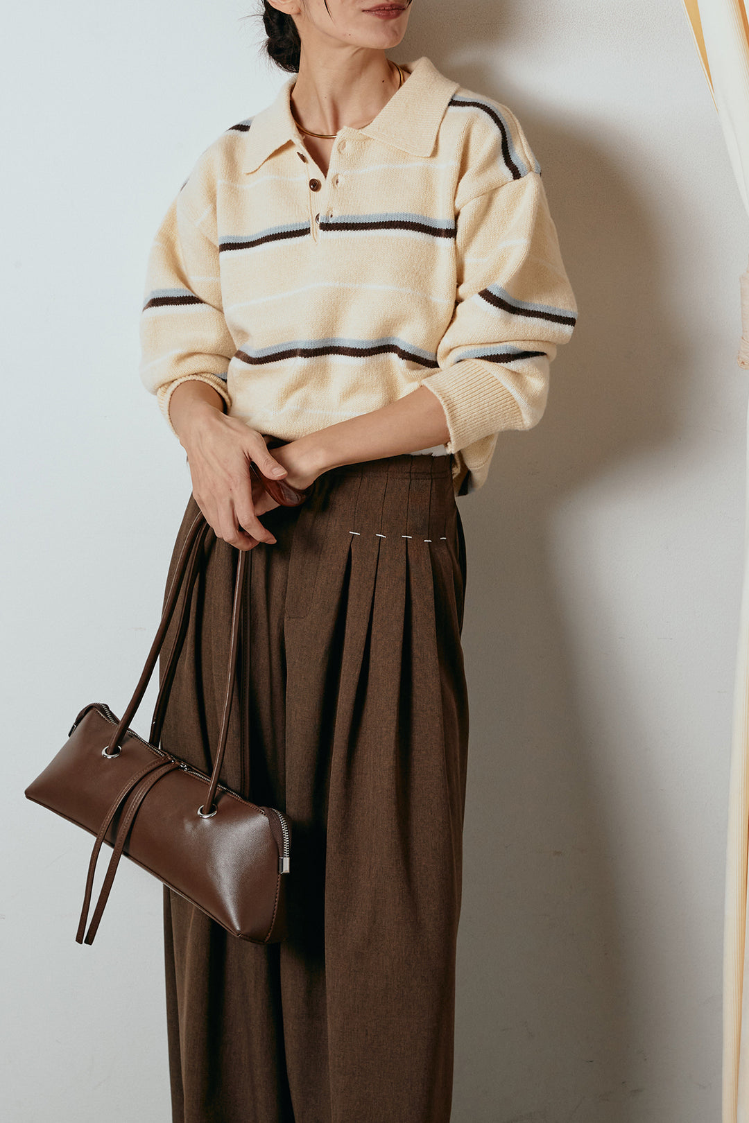 [SET]襟付きマルチボーダーニットポロトップス+ウエストステッチデザインワイドスラックス(2set)