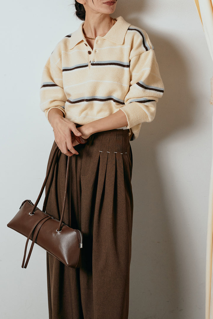 [SET]襟付きマルチボーダーニットポロトップス+ウエストステッチデザインワイドスラックス(2set)