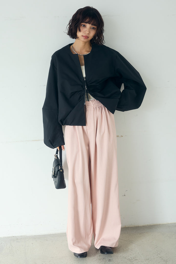 [SET]ノーカラーフロントギャザージップアウター+ツイルメニータックパンツ(2set)