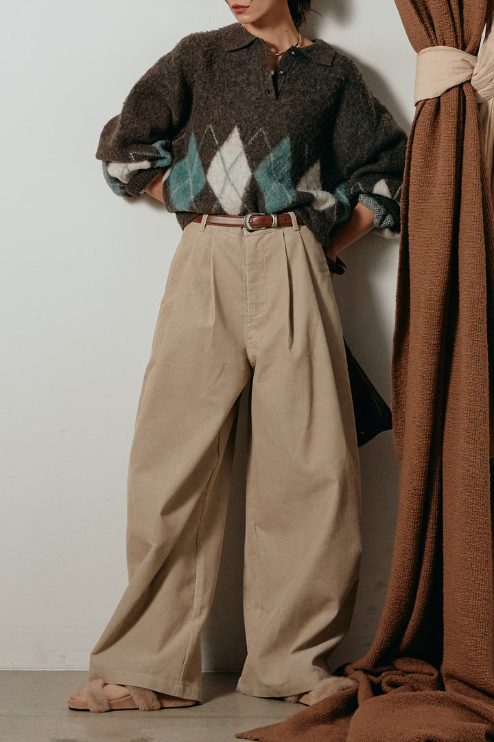 [SET]アーガイル柄ポロニットトップス+フロントタック入りコーデュロイパンツ(2set)