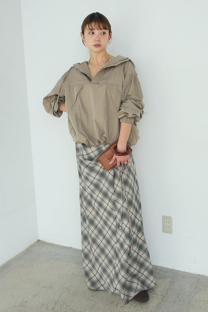 [SET]ナイロンフーディーブルゾンアウター+タータンチェック柄フロントデザインスカート(2set)