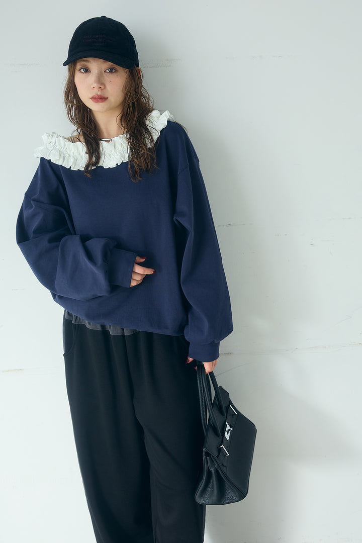 [SET]ネックギャザーフリルスウェット+異素材切り替えスウェットパンツ(2set)