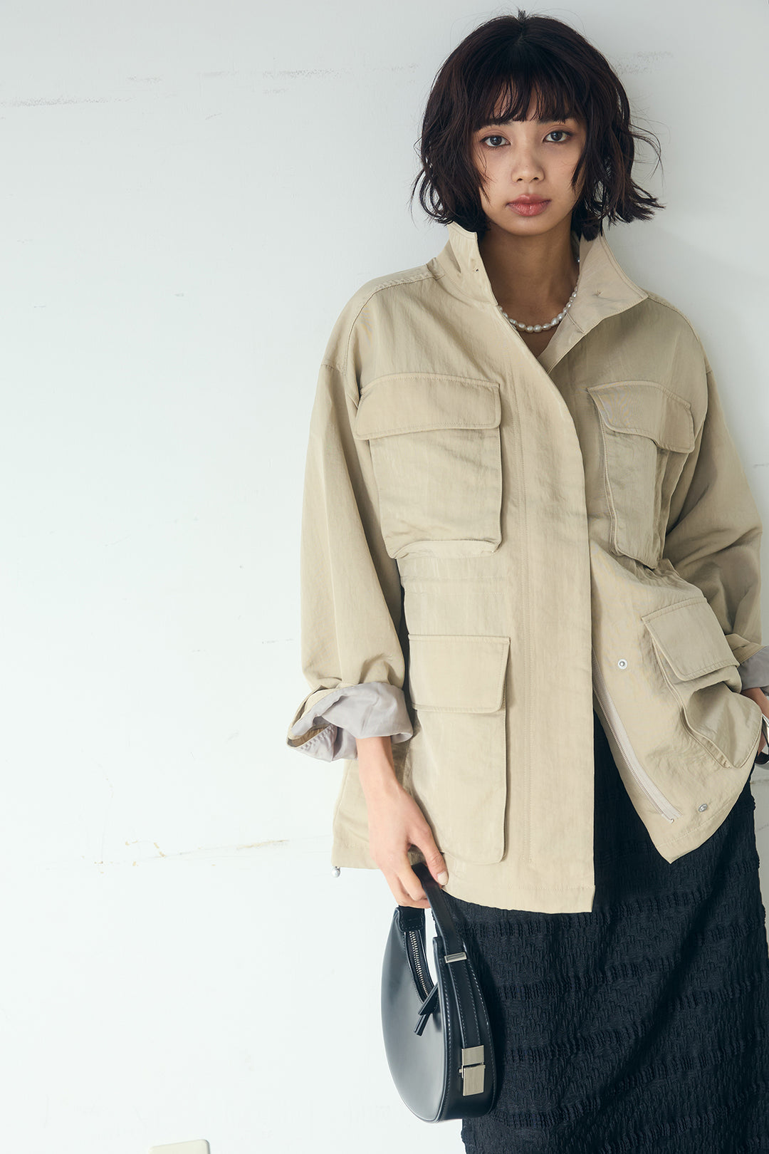 [SET]ナイロンツイルフィールドジャケット+ジャガードカットソータイトスカート(2set)