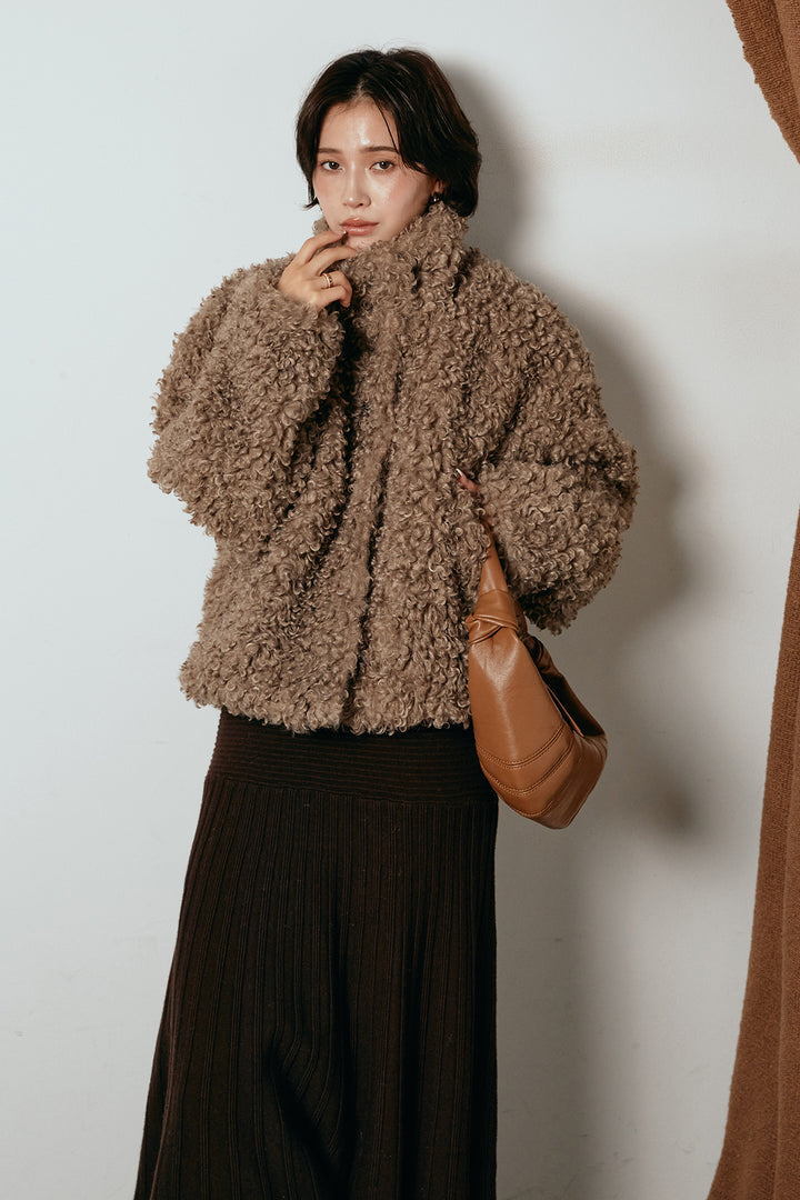 [SET]プードルファーミドルジャケット+編み地切り替えフレアニットスカート(2set)