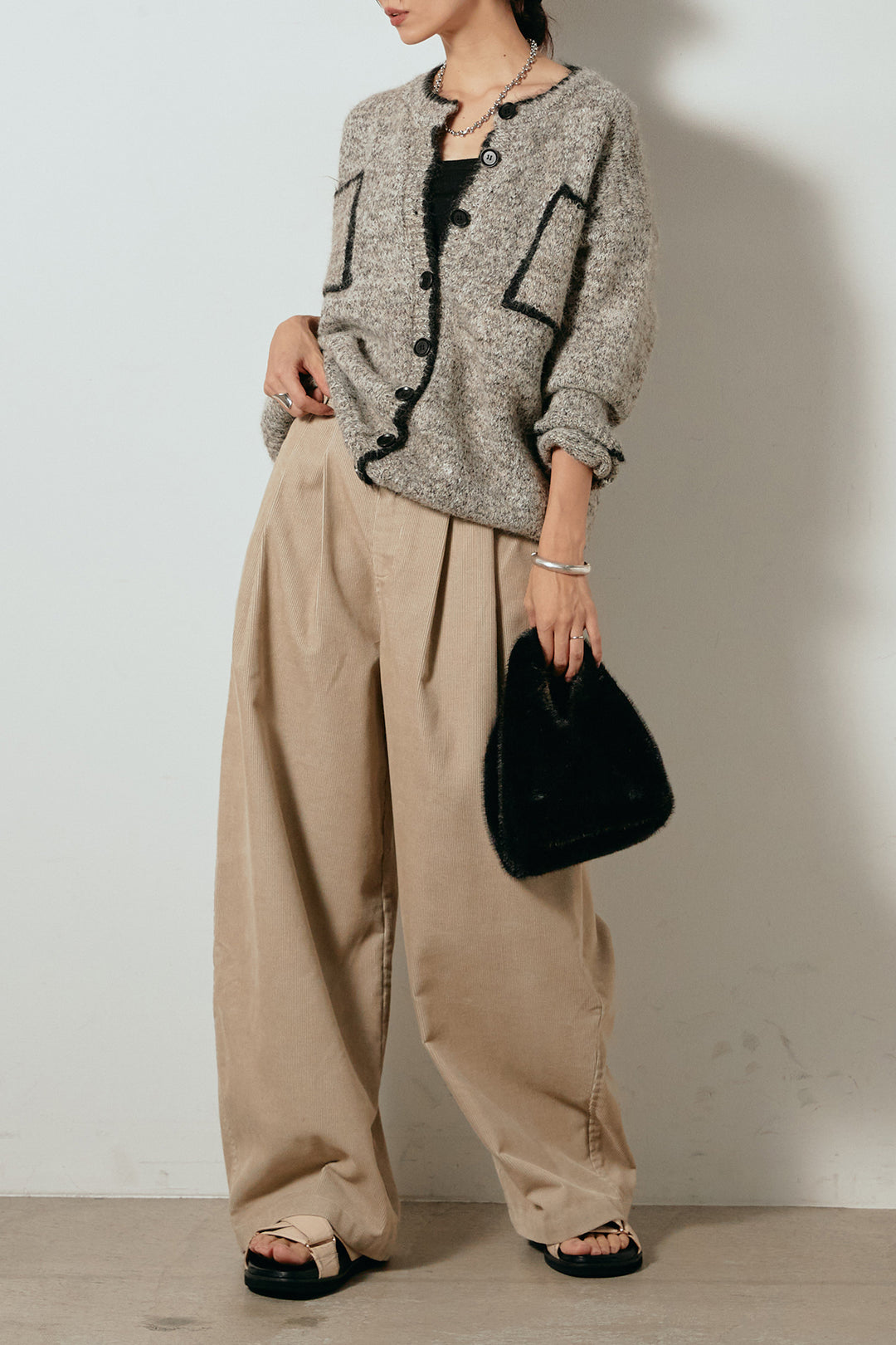 [SET]ミックスニットポケットカーディガン+フロントタック入りコーデュロイパンツ(2set)