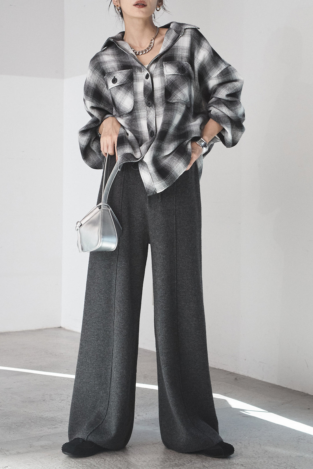 [SET]オンブレーチェックビッグシルエットCPOシャツ+センターラインニットパンツ(2set)