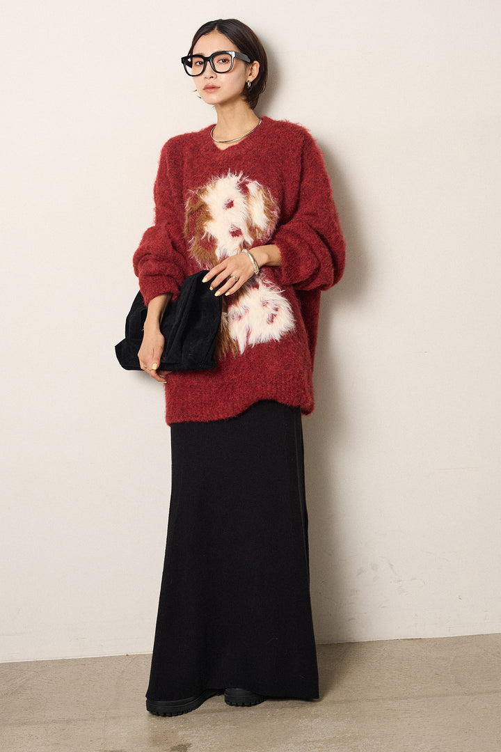 [SET]シャギーニュアンスアニマルニット+リブナローニットスカート(2set)