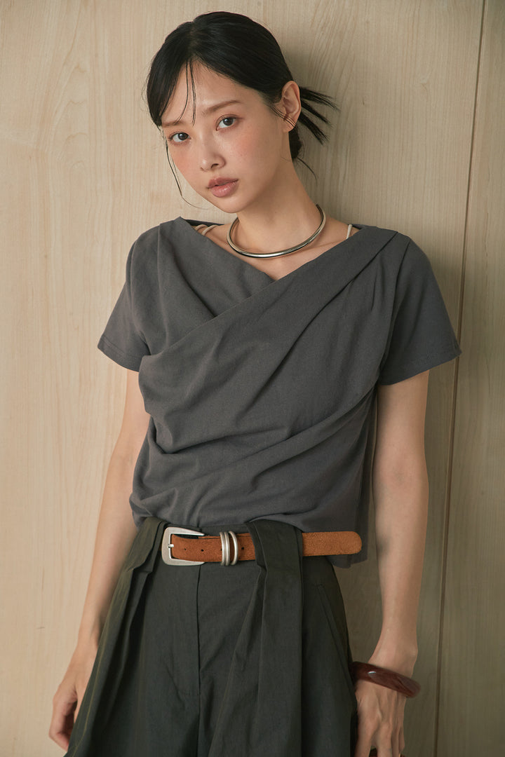 [SET]綿天竺半袖オフショルTシャツ+ニーサイドタックボリュームカーブパンツ(2set)