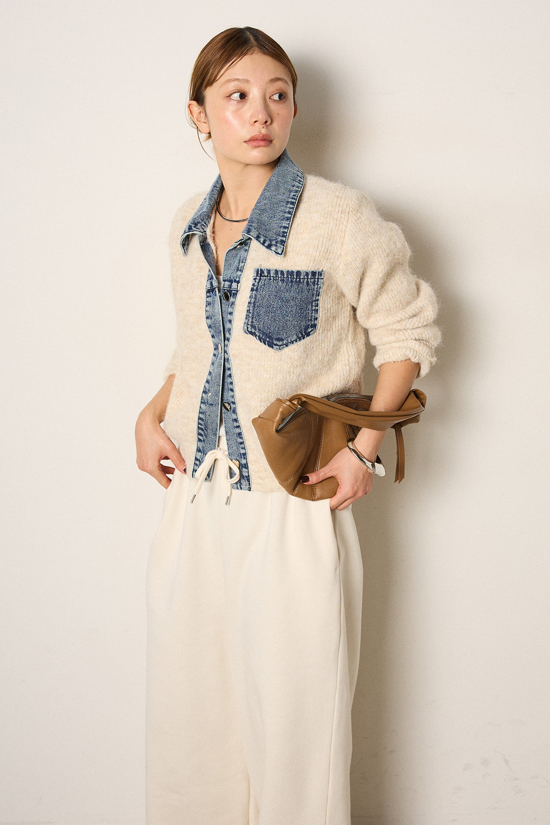 [SET]襟付きデニム切替ニットカーディガン+裏起毛スウェットワイドパンツ(2set)