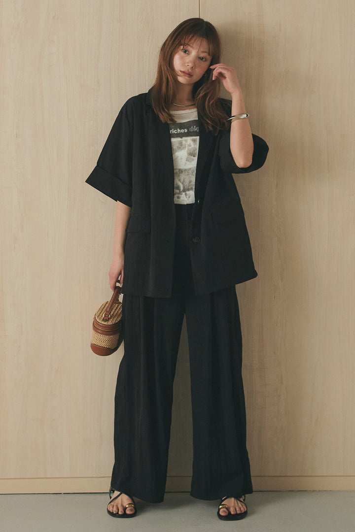 [SET]リネンライクテーラードハーフスリーブジャケット+リネンライク2タックワイドパンツ(2set)