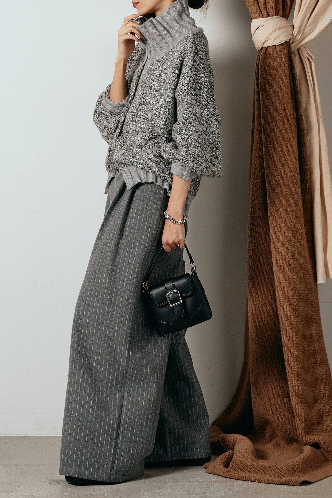 [SET]ハイネックミックスニットカーディガン+ウールライクストライプパンツ(2set)