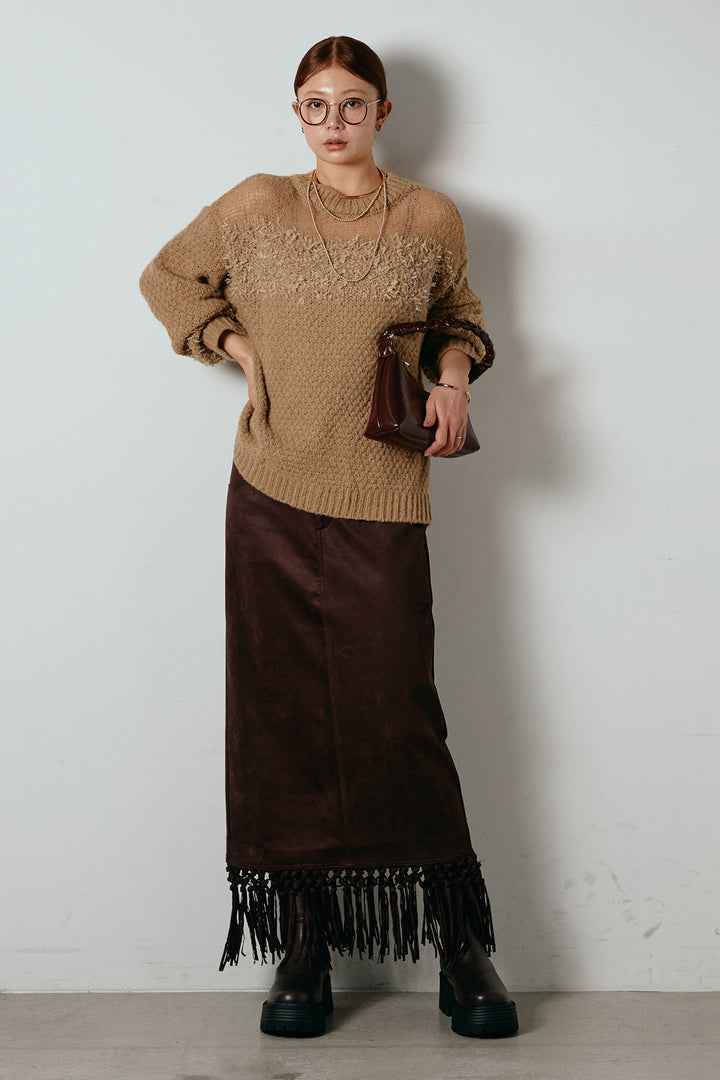 [SET]パターンランダム編みニットトップス+スウェードライク裾フリンジスカート(2set)