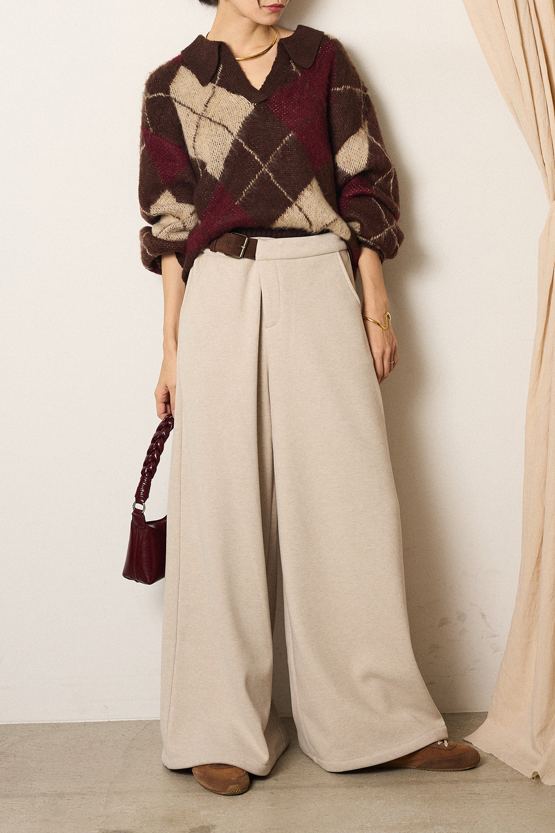 [SET]アクリルモヘアアーガイルキーネックプルオーバー+サイドベルトパンツ(2set)