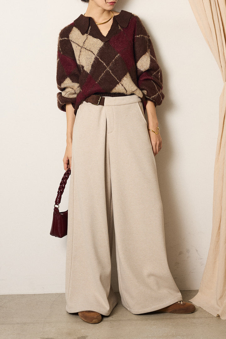 [SET]アクリルモヘアアーガイルキーネックプルオーバー+サイドベルトパンツ(2set)