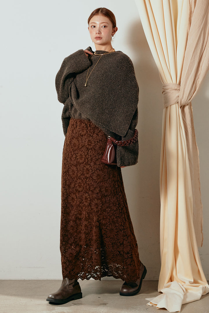 [SET]ケープデザインリブニットトップス+花柄刺繍ベロアフレアスカート(2set)