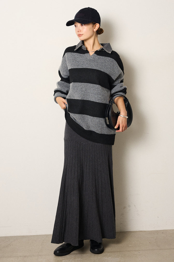 [SET]デニムカラーボーダールーズニット+編み地切り替えフレアニットスカート(2set)