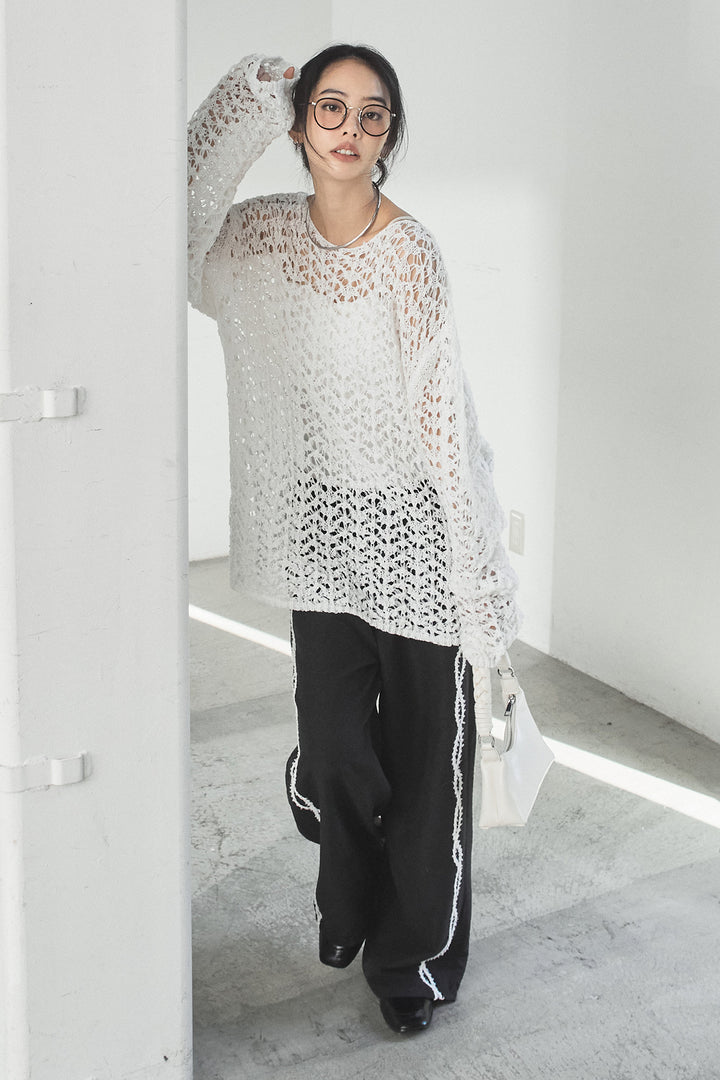 [SET]リラックスメッシュニットトップス+刺繡テープラインパンツ(2set)