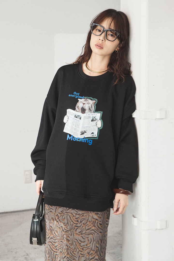 [SET]裏起毛モーニングキャットプリントスウェット+抽象柄ロングスカート(2set)