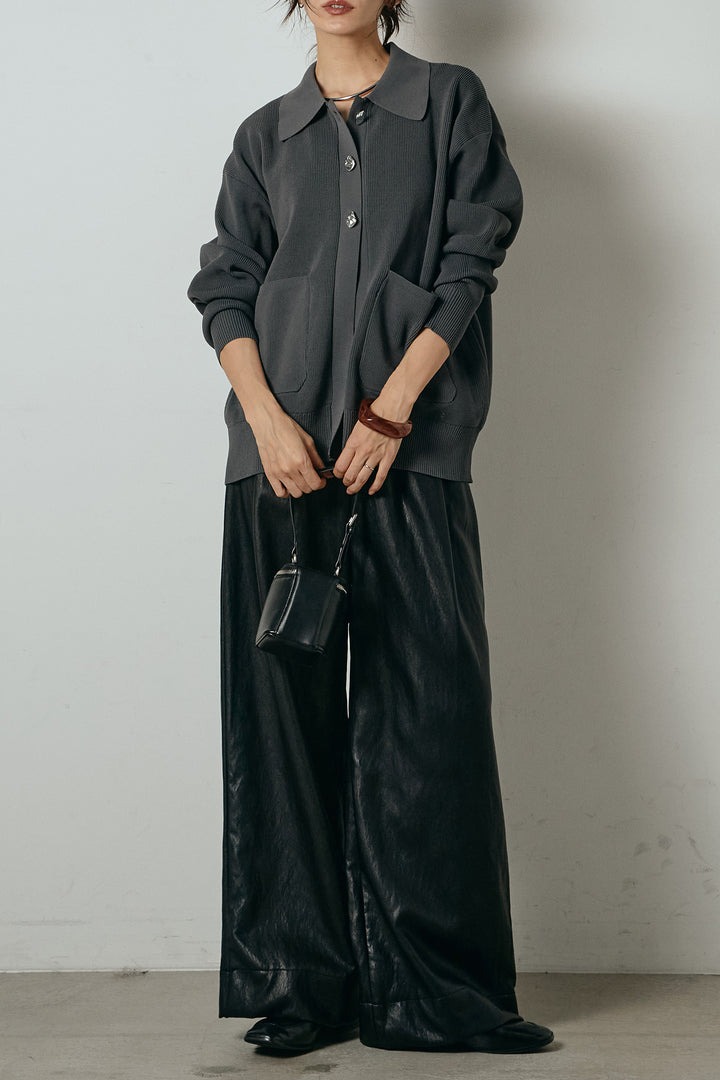 [SET]メタル釦衿付きニットカーディガン+ベルト付きレザーライクタックパンツ(2set)