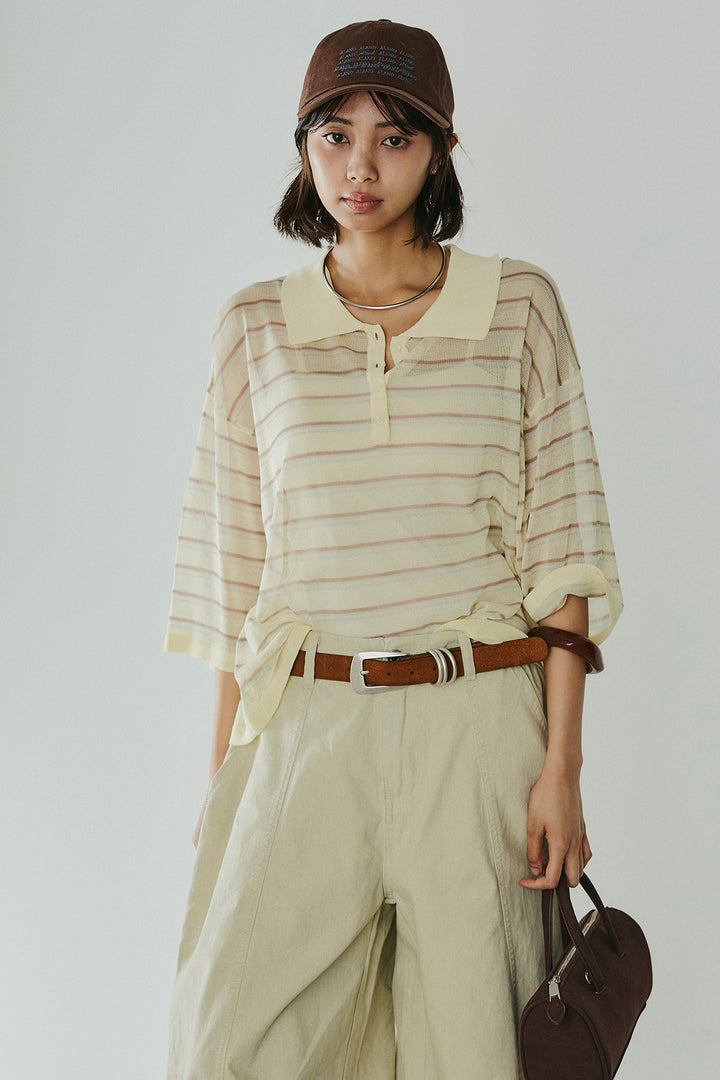 [SET]ボーダーニットポロシャツ+サイドベルトカーブワイドパンツ(2set)