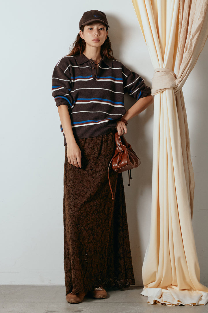 [SET]襟付きマルチボーダーニットポロトップス+花柄刺繍ベロアフレアスカート(2set)