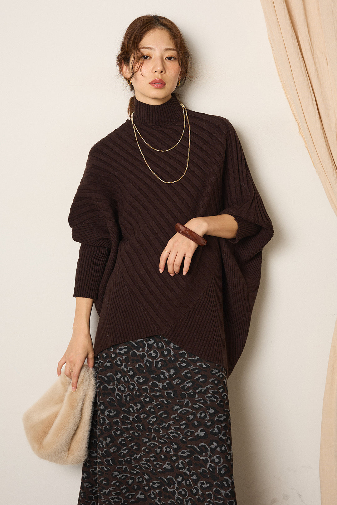 [SET]アシメデザインリブポンチョニットトップス+レオパードロングスカート(2set)