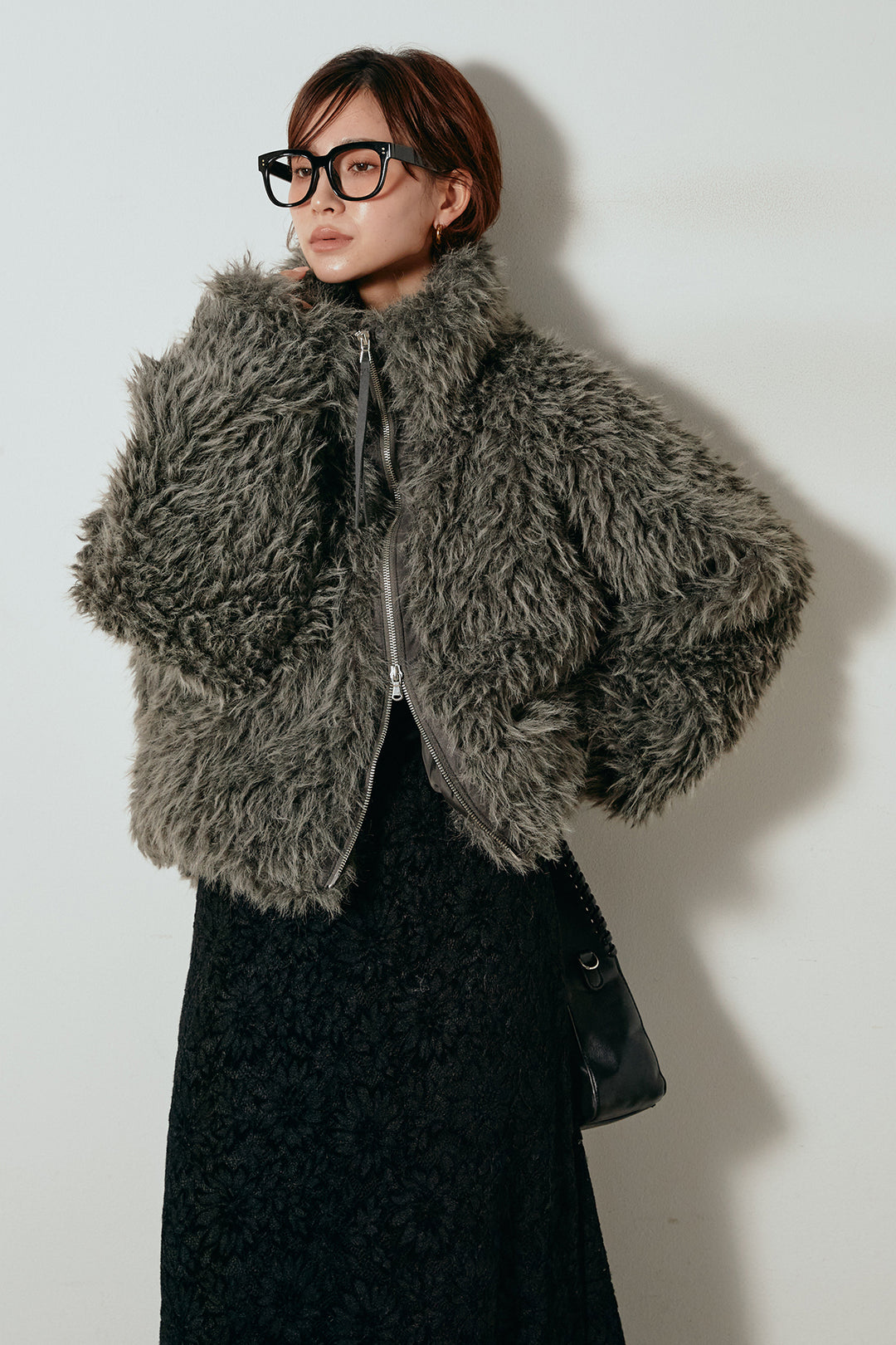 [SET]ミックスシープファースタンドブルゾン+花柄刺繍ベロアフレアスカート(2set)