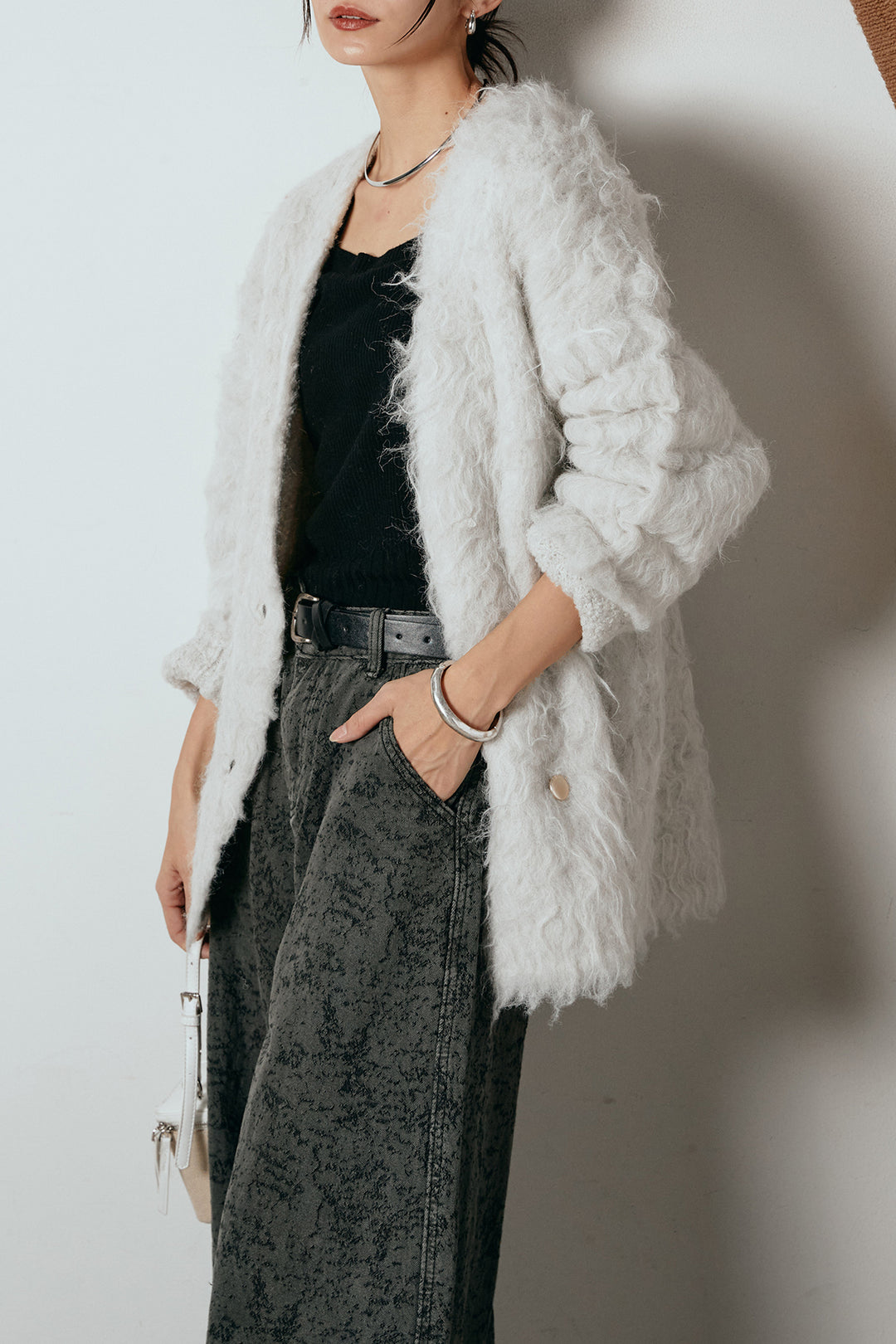 [SET]ウェーブシャギーニットジャケット+ベルト付きニュアンス柄カーブワイドパンツ(2set)