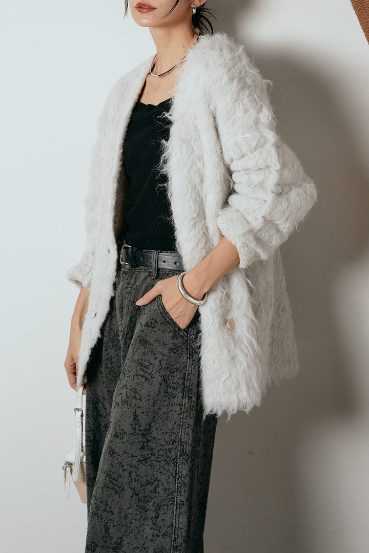 [SET]ウェーブシャギーニットジャケット+ベルト付きニュアンス柄カーブワイドパンツ(2set)