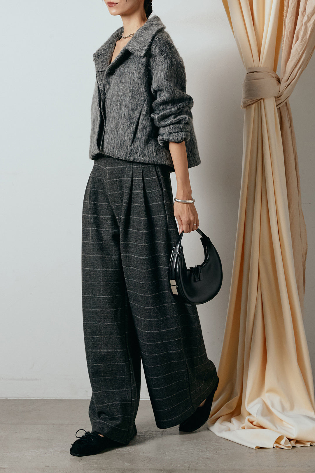 [SET]シャギーショートジャケット+スクエアチェック柄ワイドパンツ(2set)