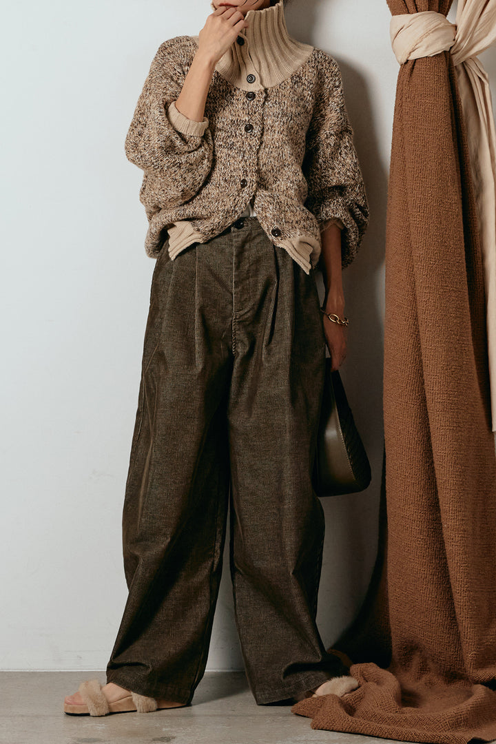[SET]ハイネックミックスニットカーディガン+フロントタック入りコーデュロイパンツ(2set)