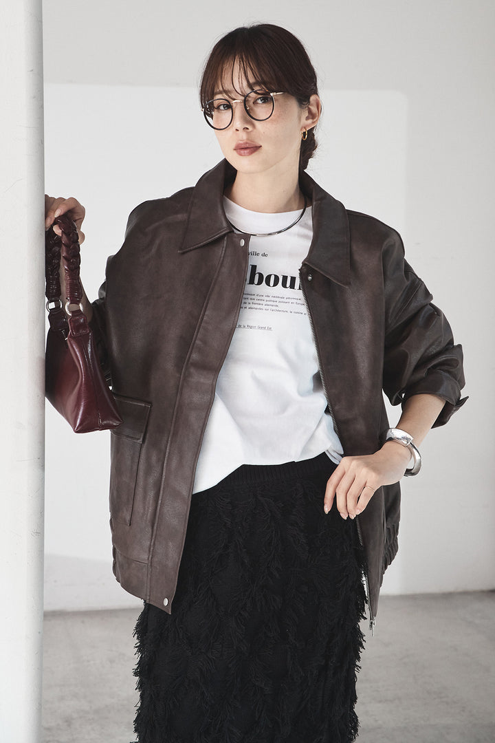 [SET]レザーライクオーバーサイズブルゾン+カットフリンジニットタイトスカート(2set)