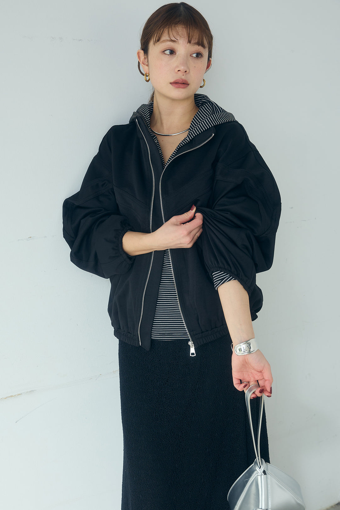 [SET]マルチ切り替えドルマンブルゾン+メッシュ刺繍ロングスカート+ボーダーフーディーロンT(3set)