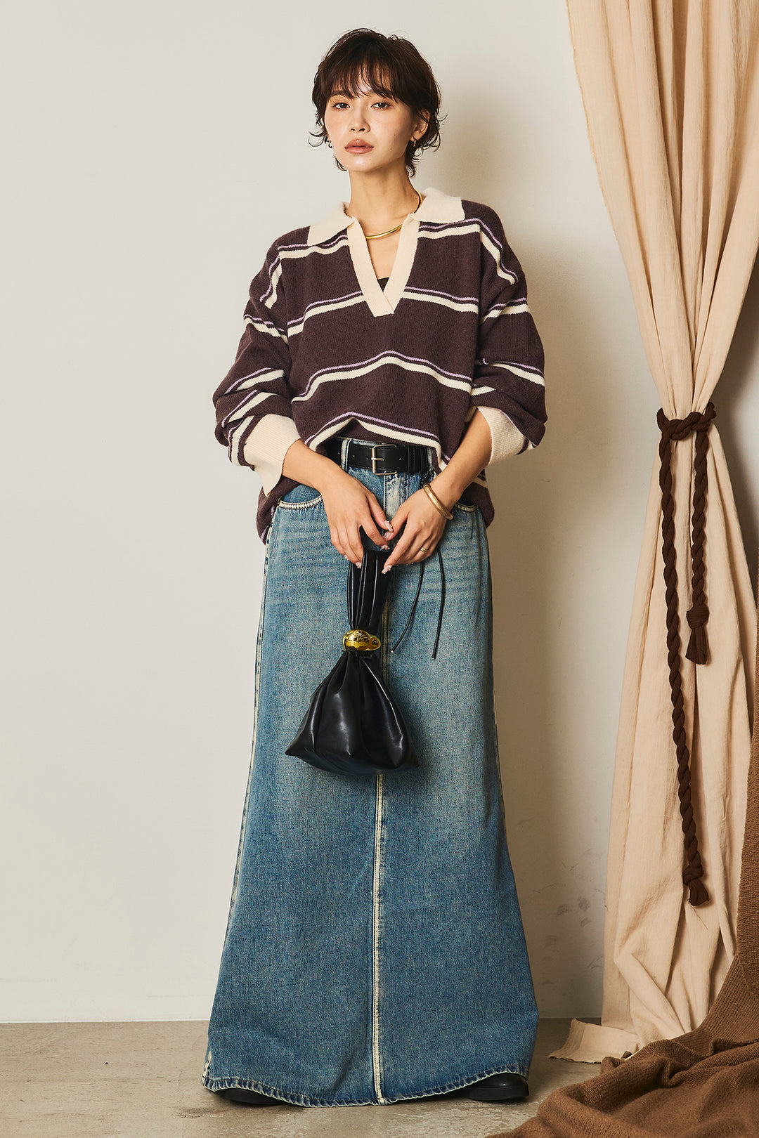 【即納】フェイクレザー太ベルト付きデニムワイドスカート