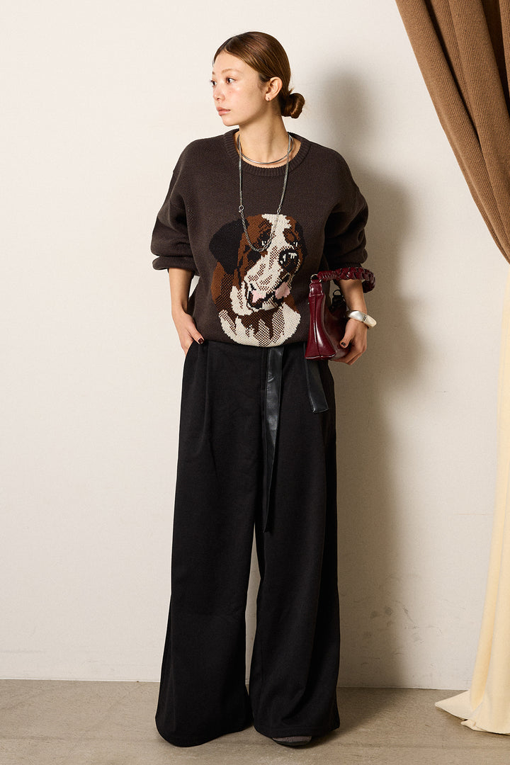 [SET]アニマルジャガード柄ニットトップス+巻ベルトウエストレザーライクワイドパンツ(2set)