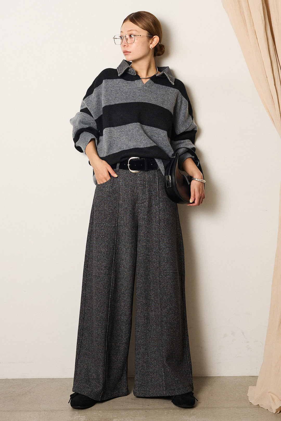 [SET]デニムカラーボーダールーズニット+太ベルト付きツイードワイドパンツ(2set)